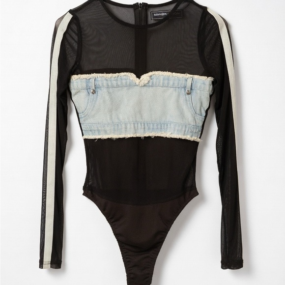 Maniere De Voir Tops - Manière De Voir Black Sheer Mesh Top with Denim Bandeau Panel- Size Small